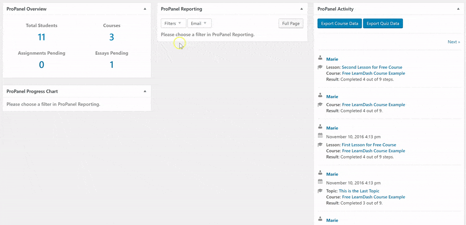 Learning management system reporting dashboard