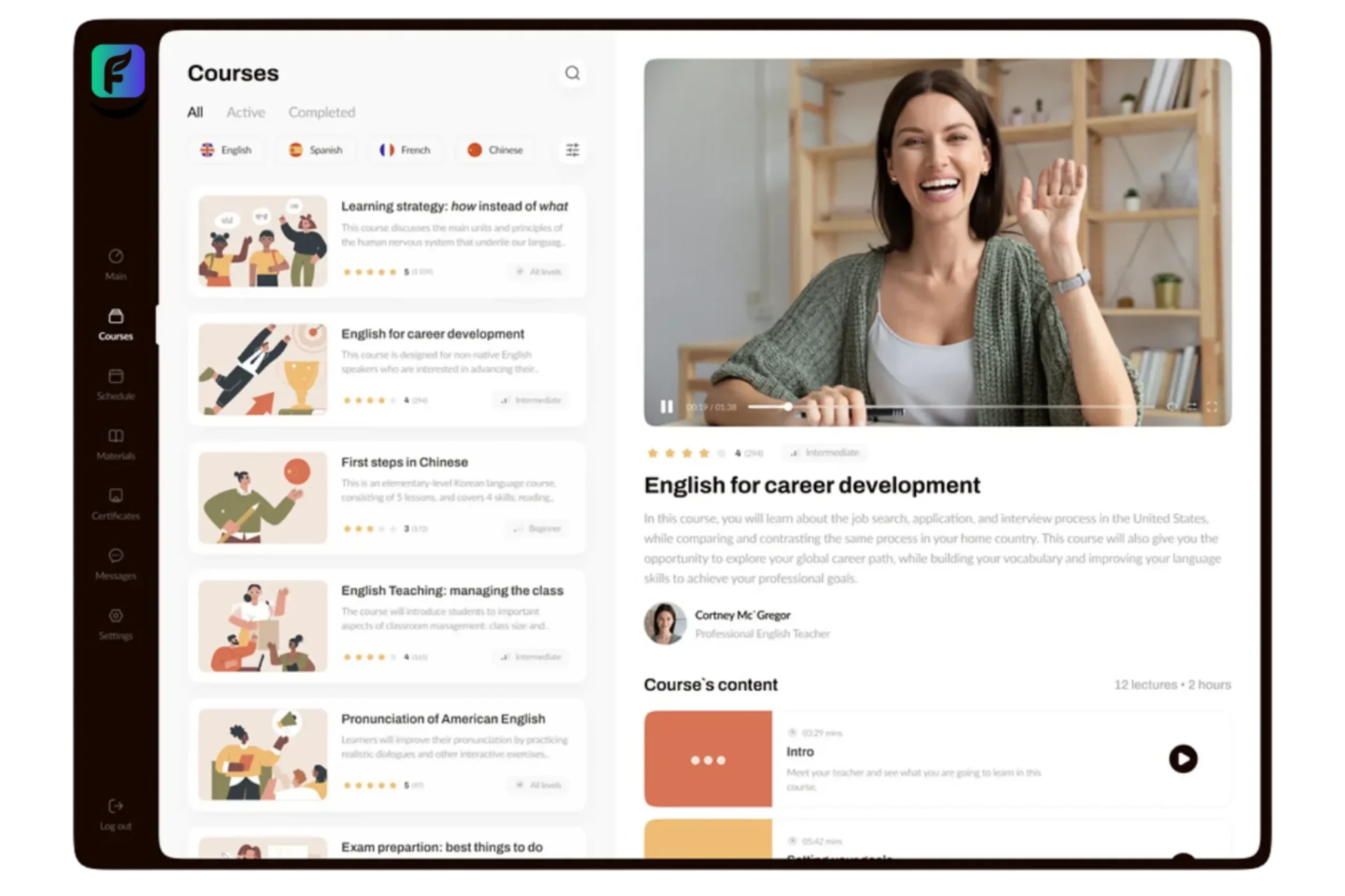 Learning management system interface with advanced features